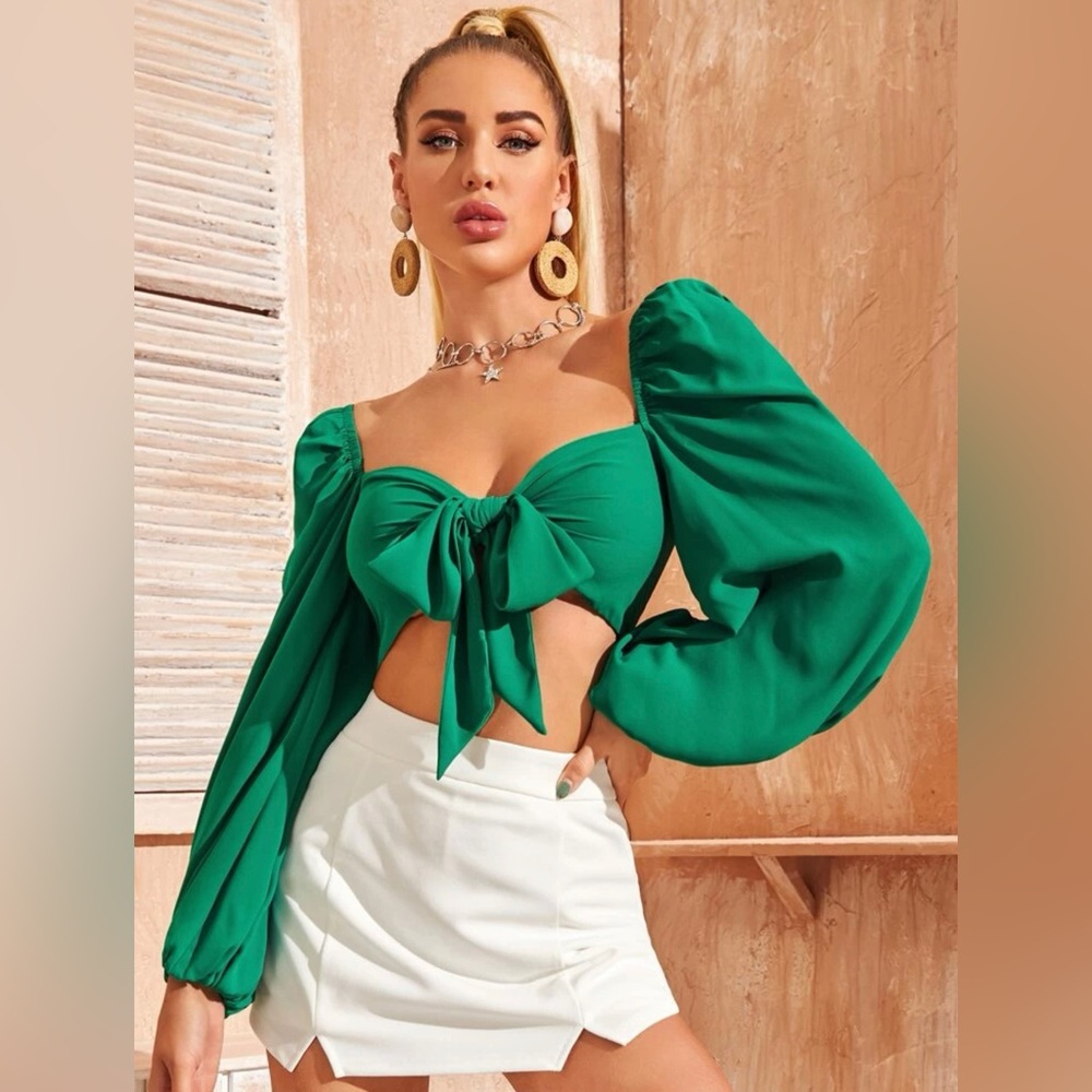 Green Tie Front Lantern Sleeve Crop Top Size S(4)